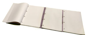 A4 ringless binder opened. It shows the three sets of ties, Each by the edge of a cover.