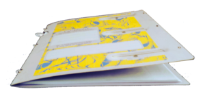 V binder with few pages attached to one spine