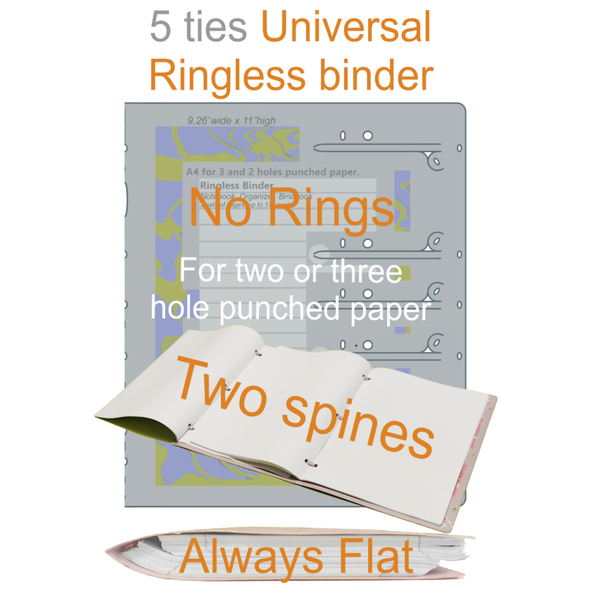 Universal Ringless binder for 2 and 3 holes punched leaflets A4 size Grey Refillable Notebook, #19